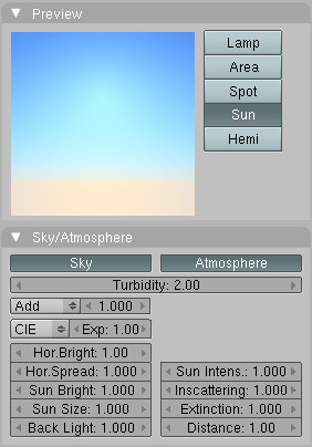 LampButtons の Preview と Sky/Atmosphere パネル